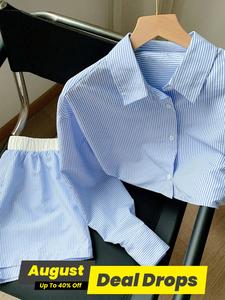 Two-piece Set Women's Striped Print Button Top & Shorts, Casual Long Sleeve Top & Shorts for Daily Wear, Ladies Clothes for All Seasons, Fall outfit