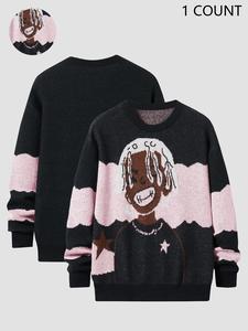 Unisex's Colorblock Cartoon Figure Print Drop Shoulder Sweater, Regular Fit Casual Long Sleeve Round Neck Jumper for Fall & Winter, Fashion Unisex's Knitwear for Daily Wear