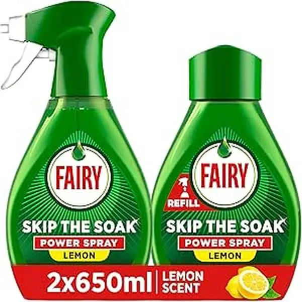 Fairy Skip the Soak Dish Spray Kit, Lemon, 1.3L (650ml Spray + 650ml Refill), 100% Grease Removal for Dishes & Surfaces