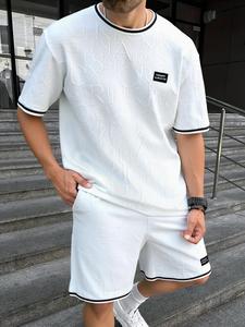 Men's Letter Textured Contrast Trim Short Sleeve Crewneck Tee & Shorts Two-piece Set, Loose Casual Round Neck T-shirt & Track Shorts, Summer Clothes Set for Men, Tracksuit Set, Menswear, Summer Outfit Set