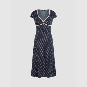 Cider [3 colors, size 4-16] Knit V-neck Polka Dot Bowknot Midi Dress