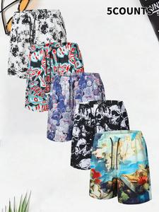 Men's Regular Fit Skull & Floral Print Boxer Brief Swim Shorts, Casual Comfy Breathable Swim Shorts for Summer, Men's Swimwear for Beach Vacation