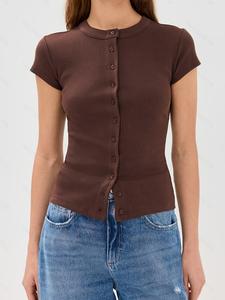 Women's Plain Button Front Ribbed Tee, Casual Long Sleeve T-shirt for Daily Wear, Ladies Clothes for All Seasons, Top