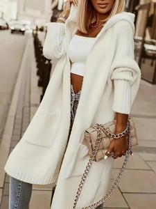 【Plus Size】 Solid Pocket Open Front Cardigan, Casual Long Sleeve Hooded Outerwear for Fall & Winter, Women's Clothing for Daily Wear