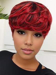 Red Short Human Hair Wigs for Women, Gorgeous Fluffy Wigs with Side-Swept Bangs, Synthetic Full Machine Wigs for Party, Daily Use