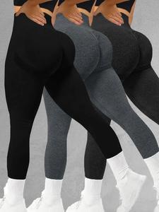 Women's 4 Counts Solid Ruched High Waist Sports Leggings, High Stretch Seamless Comfy Breathable Skinny Pants for Yoga Gym Workout Running, Ladies Sportswear for Summer All Seasons, Tummy Control