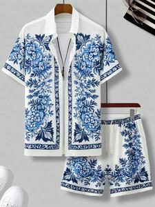 Men's Floral Print Shortsleeve Shirt & Drawstring Waist Shorts Set, Regular Fit Casual Comfy Button Front Collared Printed Shirts & Pocket Beach Shorts, Mens Clothing for Summer Beach Holiday Vocation, Menswear