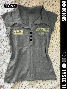 Women's Letter Print  Button Tee, Casual Collared T-shirt for Summer, Ladies Clothes for Daily Wear