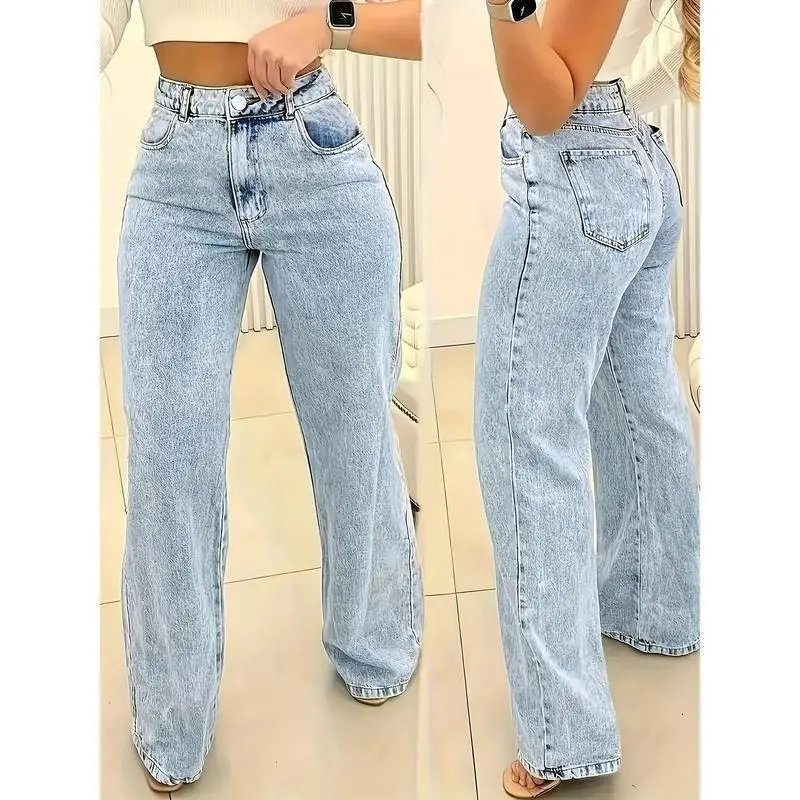 Ultra-Comfortable High-Waisted Stretchy Jeans for Women - Four-Season Cotton Polyester Blend Straight Leg Pants with Snowflake Pattern, Machine Washable, Breathable, and Soft Fabric for Everyday Wear