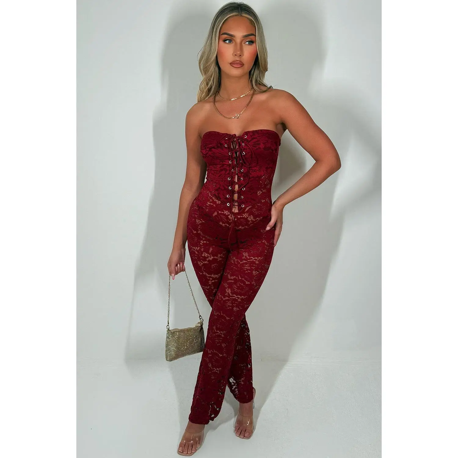 Burgundy Red Lace Jumpsuit With Skinny Flared Legs