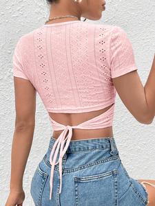 Women's Plain Eyelet Embroidery Tie Back Crop Tee, Fitted Casual Short Sleeve Round Neck T-Shirt for Summer, Fashion Women's Top for Daily Wear