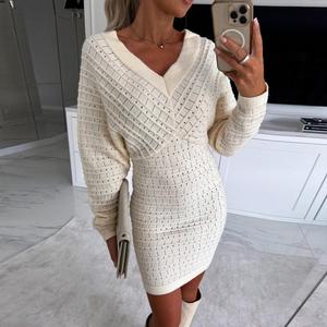 ChicMe 2025 Women V Neck Knit Sweater Dress Pullover Hollow Out Casual Batwing Sleeve Mini Bodycon Dress