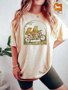 Women's Frog & Bicycle Print Round Neck Tee, Casual Letter Graphic Short Sleeve T-shirt for Summer, Women's Top for Daily Wear