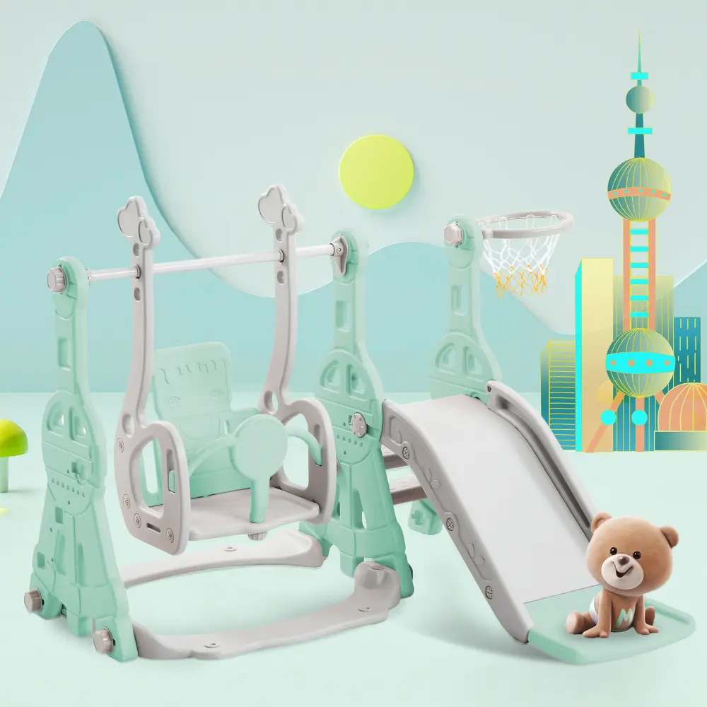 Slide for children, 4 in 1 children's slide, swing with basketball stand, climbing ladder, swing, slide, garden slide for indoor and outdoor use.