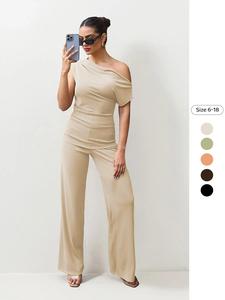 Two-Piece Set Women's Solid Color Sloping Shoulder Crop Top & Wide Leg Trousers, Casual Fashion Cozy for Daily Outdoor Wear, Ladies Clothes for Summer, Suits