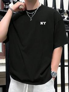 Men's Letter Print Round Neck Tee, Regular Fit Casual Short Sleeve Crew Neck T-Shirt for Summer, Fashion Men's Top for Daily Wear, Tropical