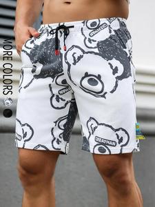 Men's Bear Print Pocket Shorts, Regular Fit Casual Comfy Breathable Drawstring Waist Shorts for Summer, Men's Clothes for Daily Vacation, Menswear