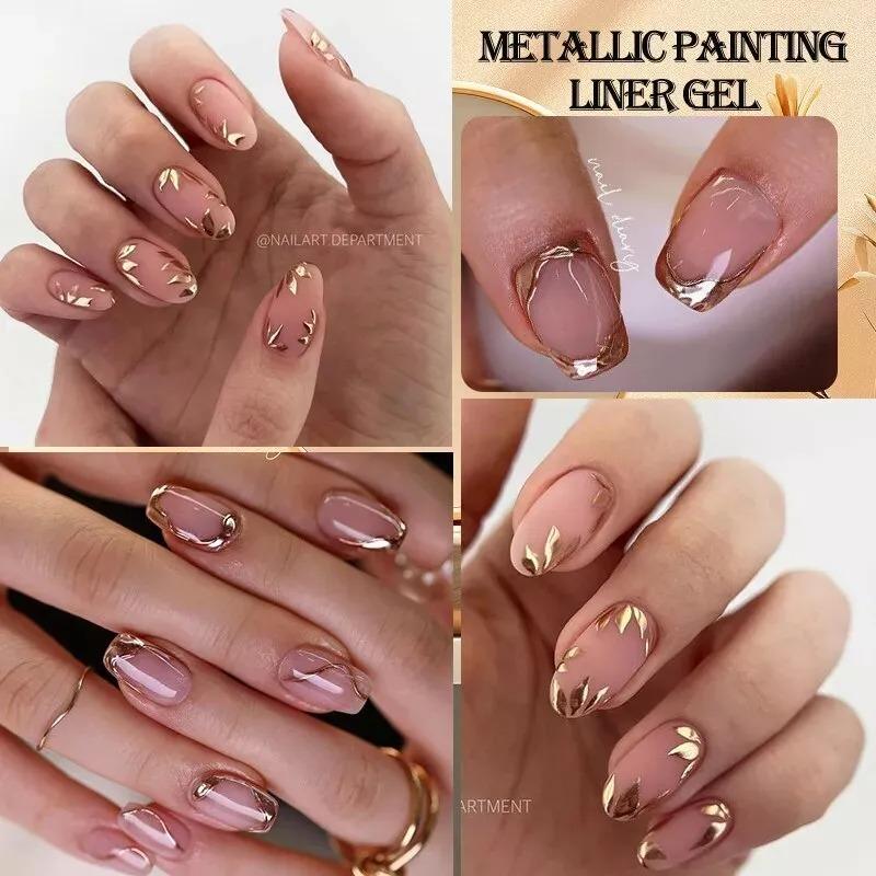 Metallic Nail Liner Gel Polish with Chrome Mirror Effect, Gold, Silver and Rose for UV/LED 3