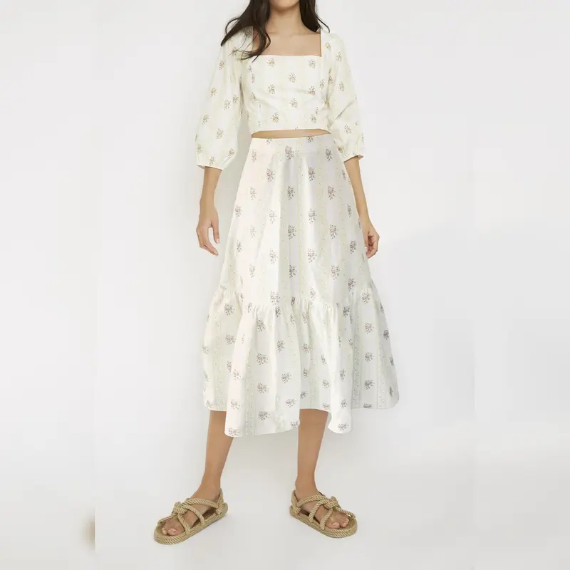 Glamorous Yellow Stripe Flower Ruffle Midi Skirt 1