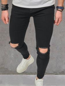 Men's Solid Ripped Slim Jeans, Casual Comfy Breathable Denim Pants for Daily Wear, Fashion Men's Bottoms for All Seasons, Cotton