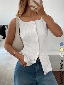 Women's Solid Color Knitted Tank Top, Casual Minimalist Basic Sleeveless Top for Summer, Ladies Clothes for Daily Wear, Elegant Sleeveless Womenswear