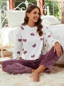 Two-Piece Set Women's Heart Print Flannel Thermal Lined Sweatshirt & Pants Pyjama Set, Casual Comfy Round Neck Long Sleeve Pullover & Long Trousers PJ Set, Women's Sleepwear for Fall & Winter