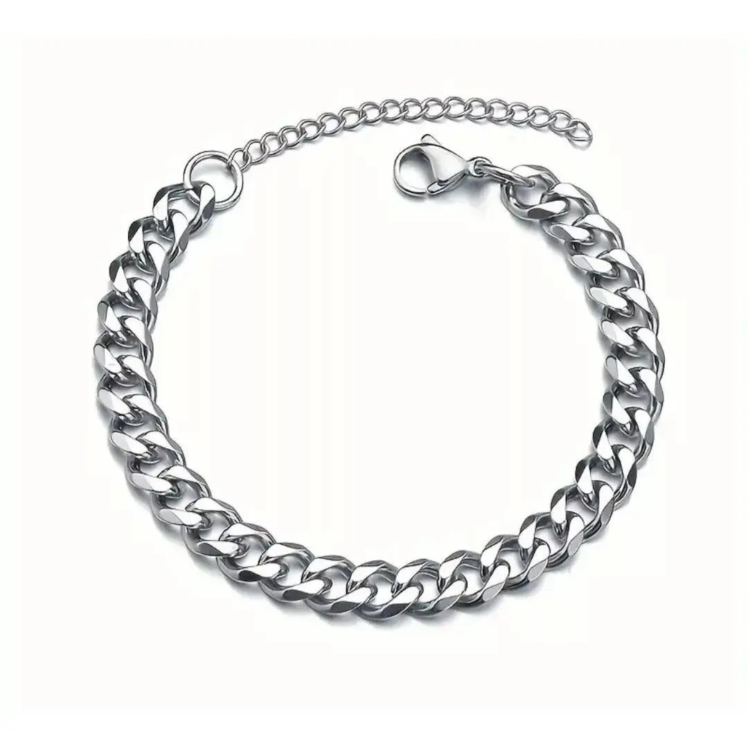 Men’s Silver Stainless Steel Curb Chain Bracelet – 18cm + 5cm Extension