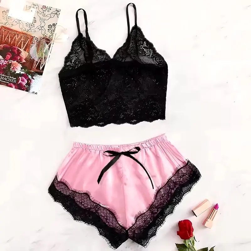Sexy Summer 2 Pcs Women's New Sexy Lace See-Through Pajamas Black Pink Cute Clothes Comfortable Breathable Loungewear Nightwear Womenswear Gamis Hip Short Sleeveless Homewear Fit Elegance Overall Piece Style Pjs