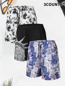 Men's Bear & Statue of Liberty Print Boxer Brief Swim Trunks, Regular Fit Casual Comfy Beach Shorts, Men's Summer Bottoms for Vacation Holiday Beach