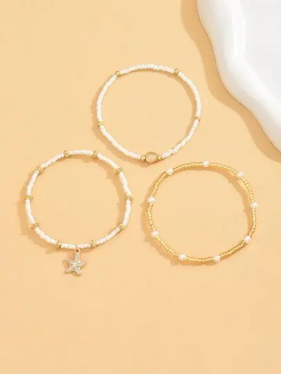 3pcs/Set Women Simple White Rice Bead/Faux Pearl Beaded Anklet With Golden Starfish & Seashell Charms, Suitable For Daily Wear And Vacation 6