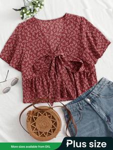 【Plus Size】 Floral Print Knot Front Blouse, Casual Short Sleeve V Neck Top for Daily Wear, Women Plus Clothing for All Seasons, Boho Clothes Women, Shortsleeve Bohemian Womenswear