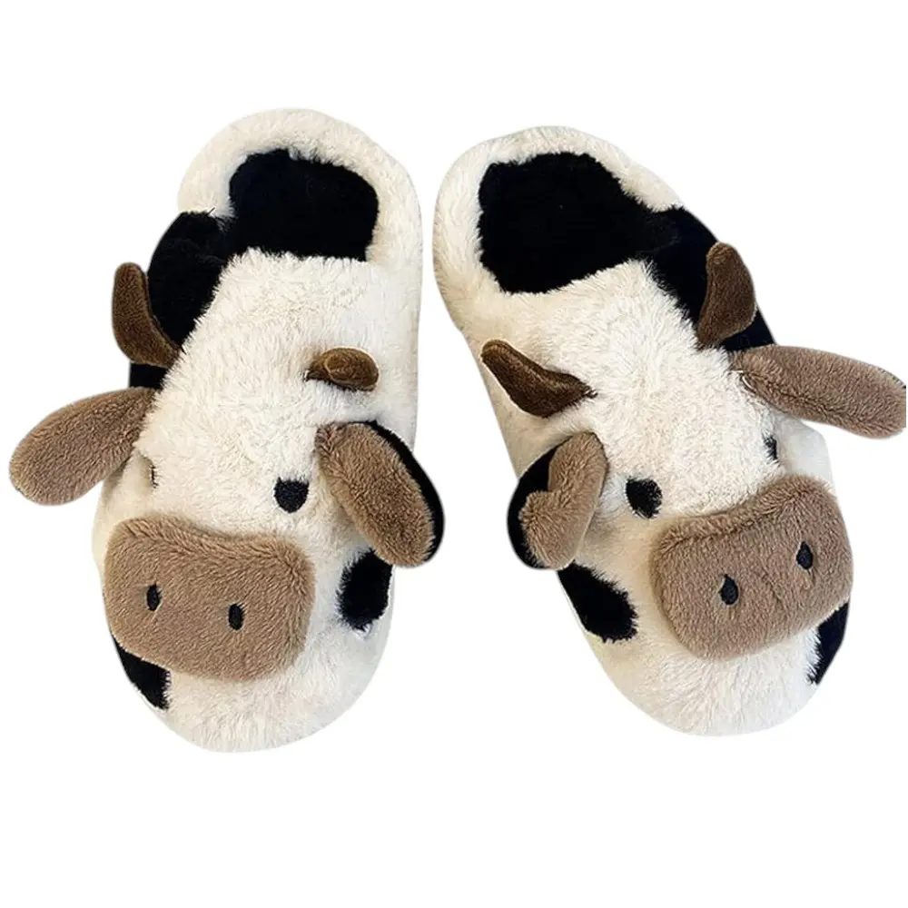 Women's Soft Cartoon Cow Plush Slippers - Cozy Lined Slip-Ons for Ultimate Comfort - Girl cotton shoes fall Footwear Slide ladies faux fur indoor Flipflop