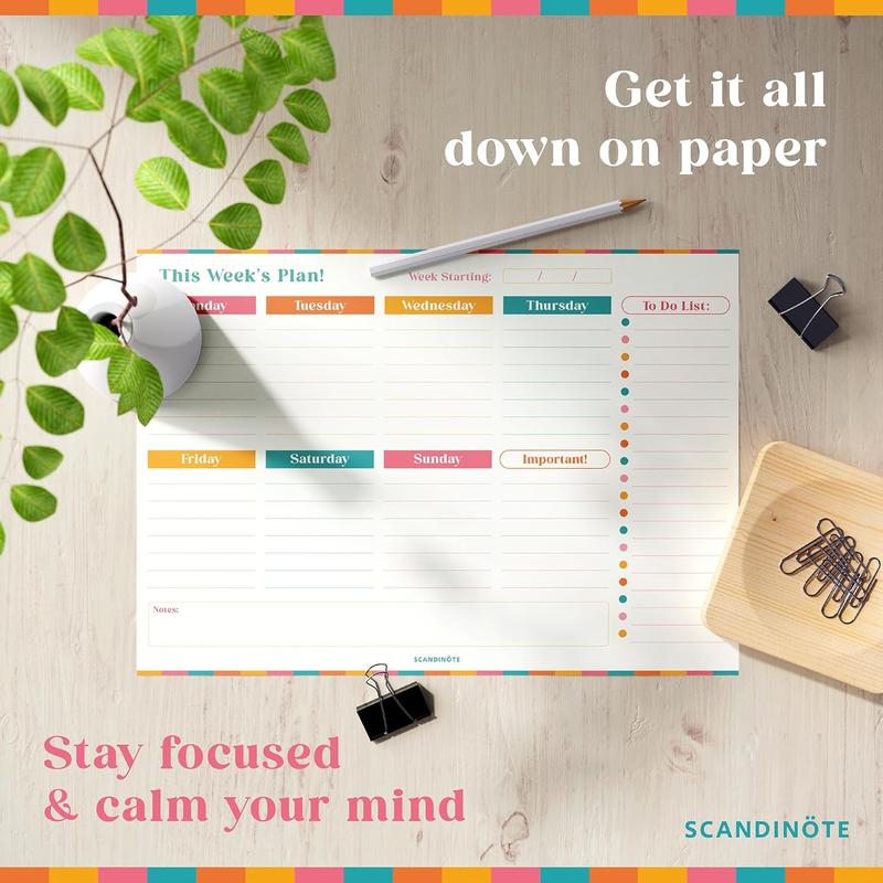 SCANDINÖTE Weekly Planner Pad. A4 Desk Pad. 52 Journal Sheets with Notes,  Important & To Do List. Family, work, home, study, revision. 100gsm  recycled paper. UK Made. 1