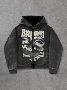 Men's Graphic Print Zip Up Hoodie, Street Fashion Casual Loose Hooded Sweatshirt for Daily Holiday Outdoor Wear, Men Clothes for All Seasons, Cotton, Tops