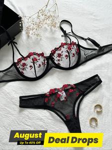 Women's Floral Embroidered Sheer Sexy Lingerie Set, Naughty Lingerie, Lady Adjustable Strap Fit Bow Decor Underwire Bra & Thong, Soft Comfy Breathable Lingerie Set for Women, Naughty Lingerie, Lingerie for Women, Feminine Underwear Sets, Fabric