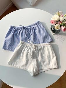 Women's Solid Color / Striped Print Drawstring Waist Shorts, Casual Comfy Shorts for Summer, Ladies Bottoms for Daily Wear