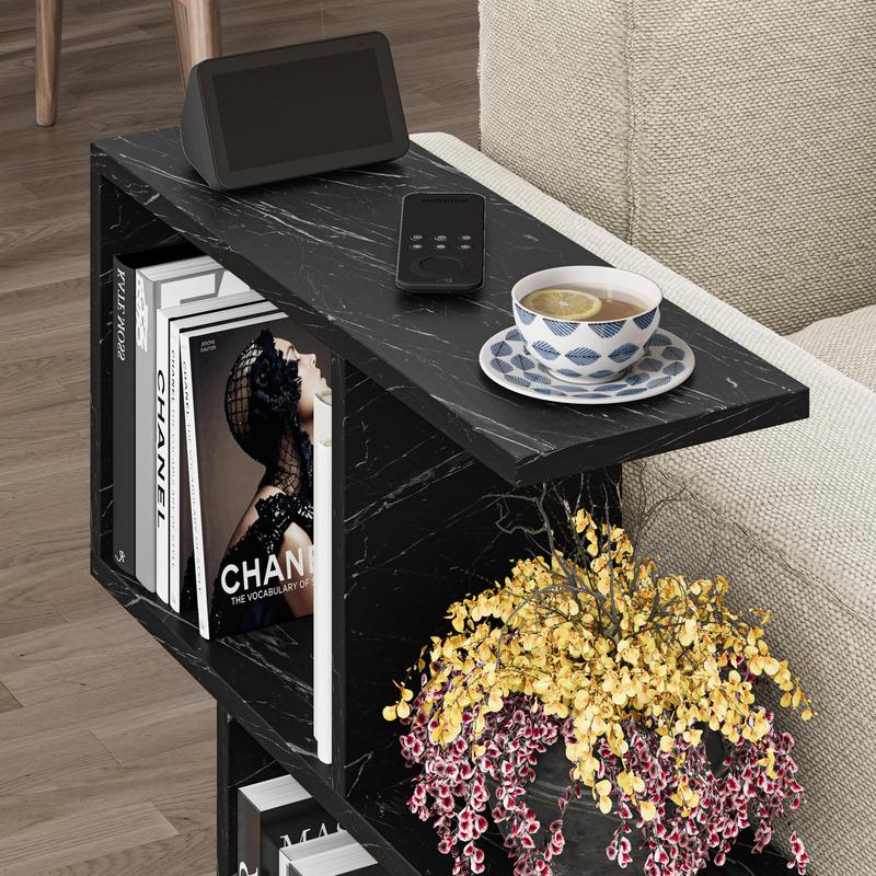 HOCUS PICUS 2 Tier Storage End Side Table - Versatile C Table - 60x60x19.50cm - Shelves Organizer Office Living Room End Desk Stand Display (Black Marble Effect) 2