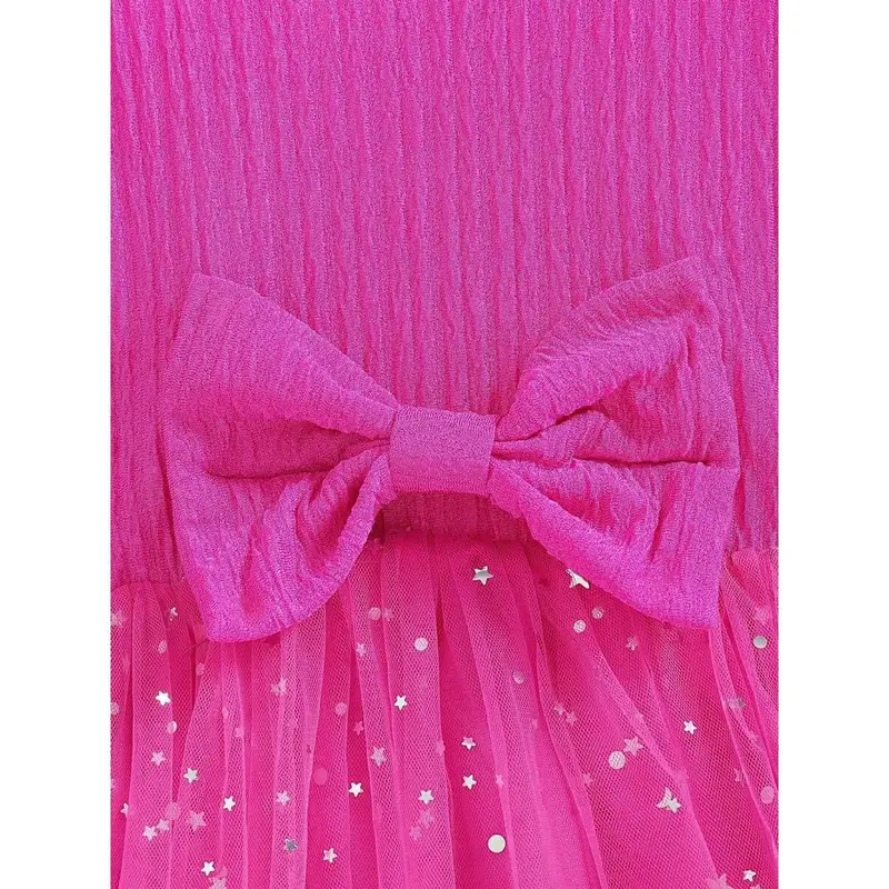 Young Girls Pink Star Sequin Mesh Puff Skirt Bowknot Square Neck Long Sleeve Princess Dress, Spring & Autumn 2