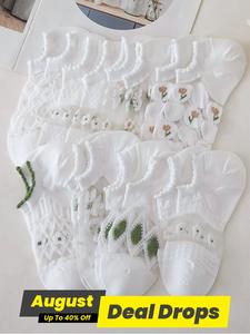 Women's 8 Pairs Floral Print Contrast Mesh Lace Sheer Crochet Ankle Jacquard Socks, Summer Fashion Casual Style Cozy Breathable Low Cut Socks for Daily Outdoor Wear, Women's Socks for Summer, Stylish Socks, Womenswear, Lady Lace Crew Socks