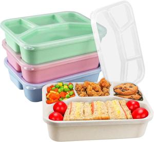 4 Pack Bento Lunch Box, Snack Boxes with 4 Compartments Reusable Food Storage Containers for Kids and Adults Microwave Dishwasher Safe for School Work Travel (Green/Blue/Pink/Beige)