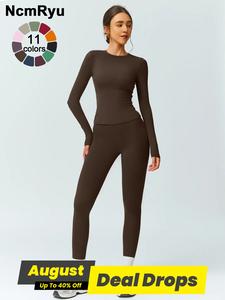 Two-Piece Set Women's Patchwork High Elastic Soft Round Neck Flat Shoulder Long Sleeve Slim Fit Beautiful Hip Tight Pants Yoga Clothes suit Four Seasons Outdoor Running Cycling Hiking Walking Shopping Fashion suit Gym Sports Training All-match Long-sleeve