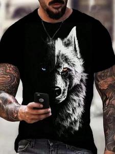Men's Wolf Print Round Neck Tee, Regular Fit Casual Short Sleeve Crew Neck T-Shirt for Daily Wear, Men's Top for All Seasons, Tropical