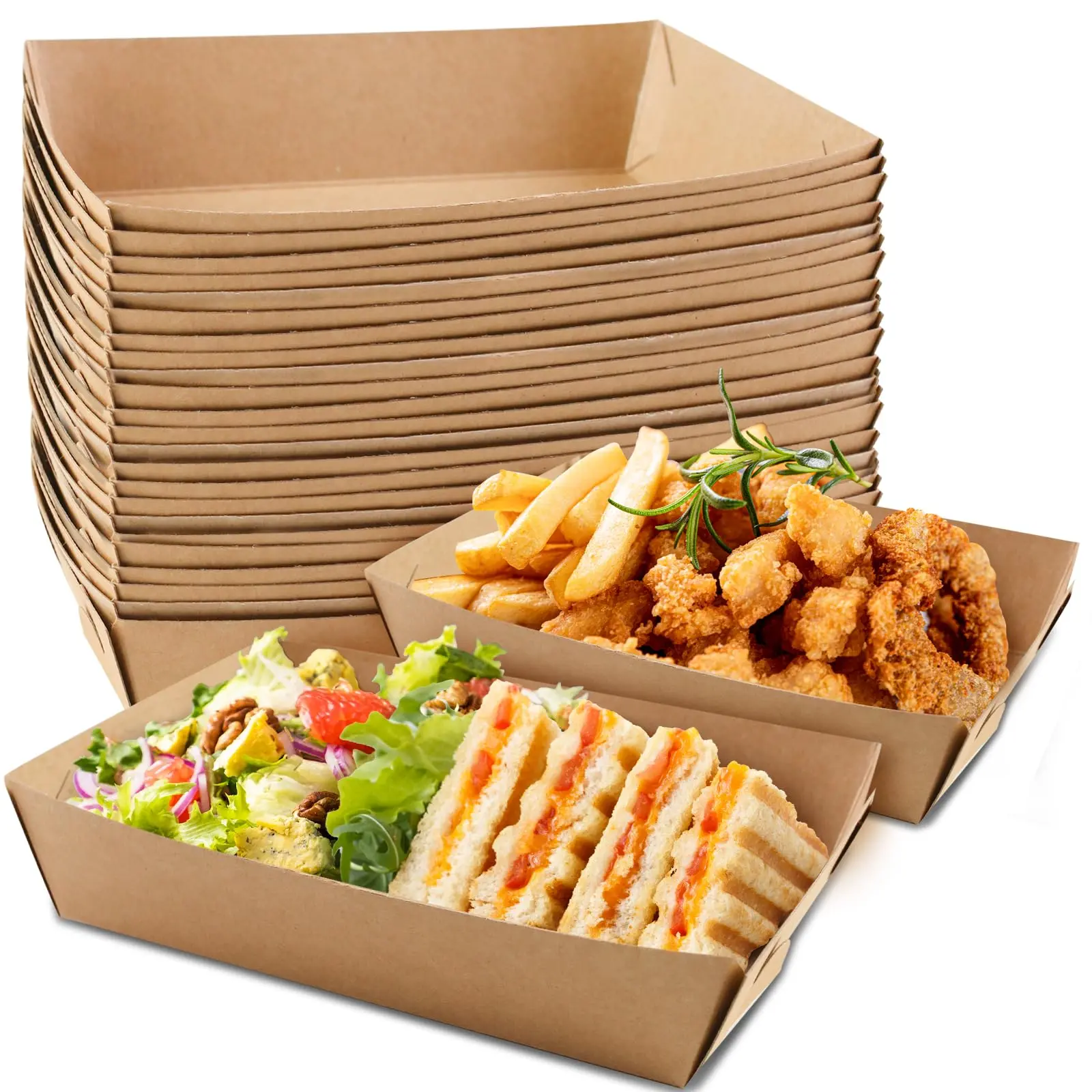 Party Food Trays, 50 Pack Paper Plates, Take Away Food Boxes, Cardboard Serving Tray Water Oil Proof for Chips Burger BBQ Birthday Camping Party 18x13cm