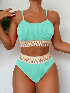 Two-piece Set Women's Chevron Textured Bikini Set, Casual Spaghetti Strap Swim Top & High Waist Swim Bottom, Ladies Swimsuit for Beach Holiday Vacation,  Swimsuit for Women