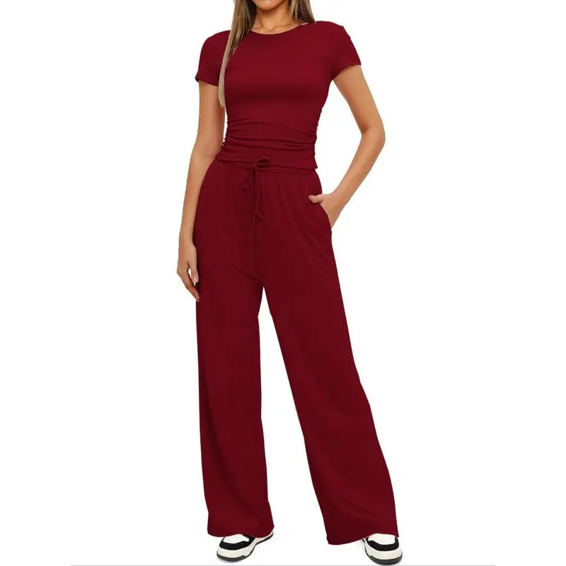 Women's Solid Crop Top & Drawstring Wide Leg Pants Loungewear Two-piece Set, Casual Comfy Round Neck Short Sleeve Top & Trousers PJ Set, Ladies Sleepwear for All Seasons, Pajamas 2