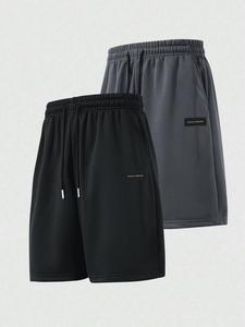 Men's Solid Color Letter Patched Drawstring Waist Shorts, Loose Casual Comfortable Breathable Pocket Straight Leg Shorts for Summer, Men's Bottoms for Daily Wear