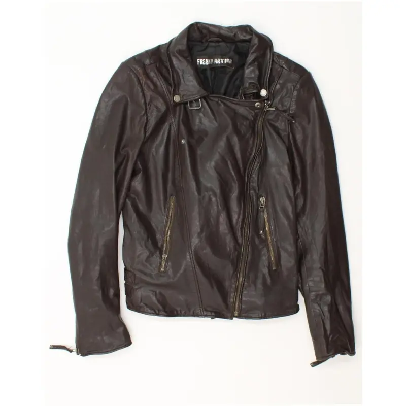 Pre-Owned Vintage FREAKY NATION Womens Leather Biker Jacket UK 18 XL Brown Leather 1