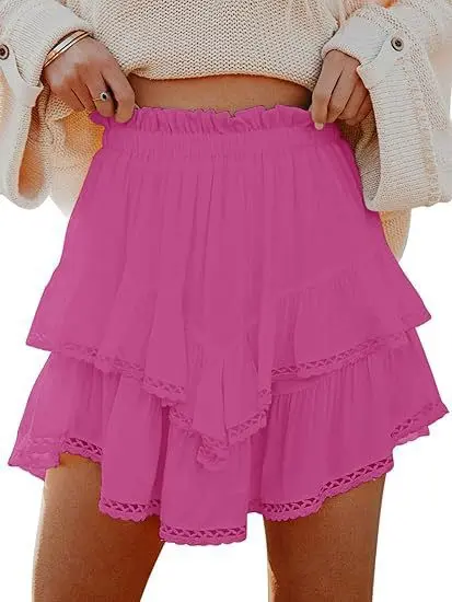 Flowy Shorts for Women Casual Boho Ruffle Tiered Skorts High Waist Mini Skirts Golf Tennis Crochet Shorts 2
