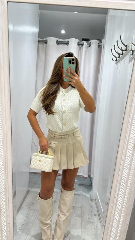 Women’s cream faux leather pleated skort, chic ANNA minimalist bottom.