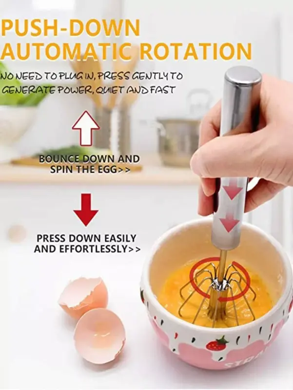 Stainless Steel Egg Beater, 1 Count Multifunctional Handheld Egg Whisk, Hand Push Semi-automatic Egg Beater, Kitchen Baking Utensils 4
